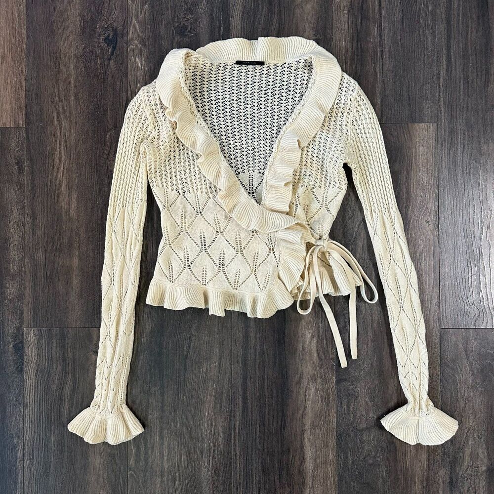 Elie Tahari Fine Knit Ruffle Cardigan 100% Wool Wrap Tie Sweater Cream Sz Small